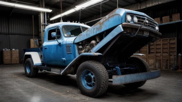 A clean diesel repair shop with a large truck engine on a stand, diagnostic tools and heavy hand tools, shown without people, for The Prime VR immersive training.