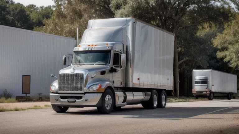 A tractor pulling two trailers connected by a converter dolly on a highway, with the coupling detail visible, shown without people, for The Prime VR immersive training.