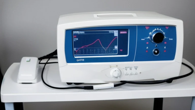 A clean cardiac diagnostics station with an EKG machine, lead cables and electrodes on a cart, shown without people, for The Prime VR immersive training.