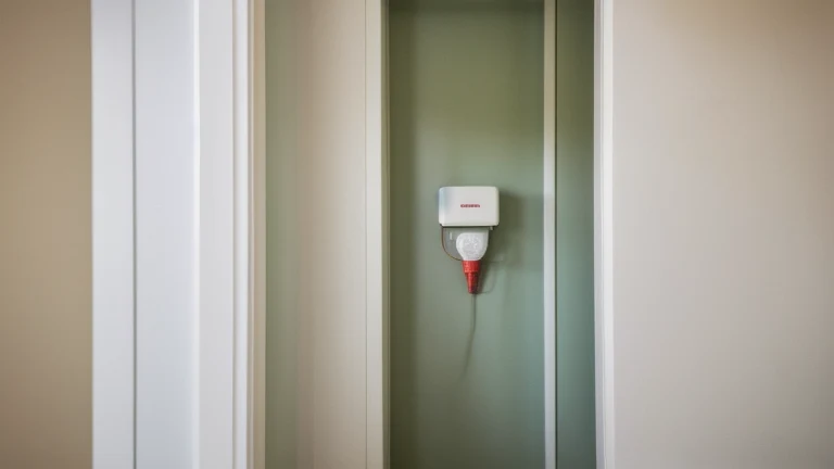 An emergency exit route map area with a fire alarm pull station and an assembly-point marker, shown without people, for The Prime VR immersive training.