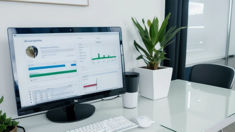 A clean, professional customer service workstation representing Emotional Intelligence at Work, shown without people, for The Prime VR immersive training.