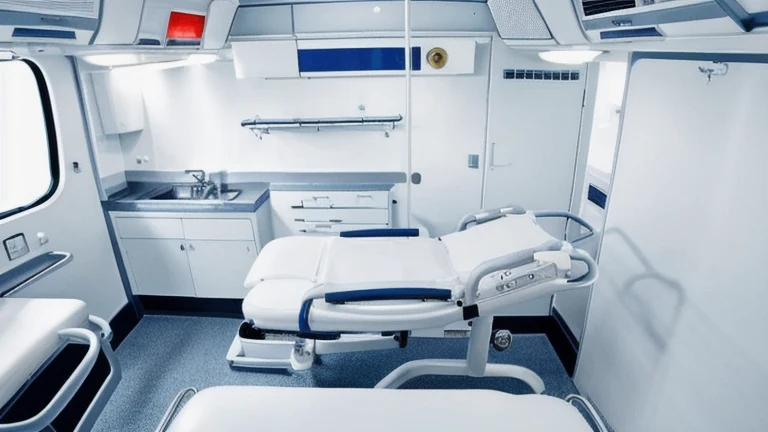 A clean ambulance interior with medical equipment, a stretcher and an oxygen unit, shown without people, for The Prime VR immersive training.