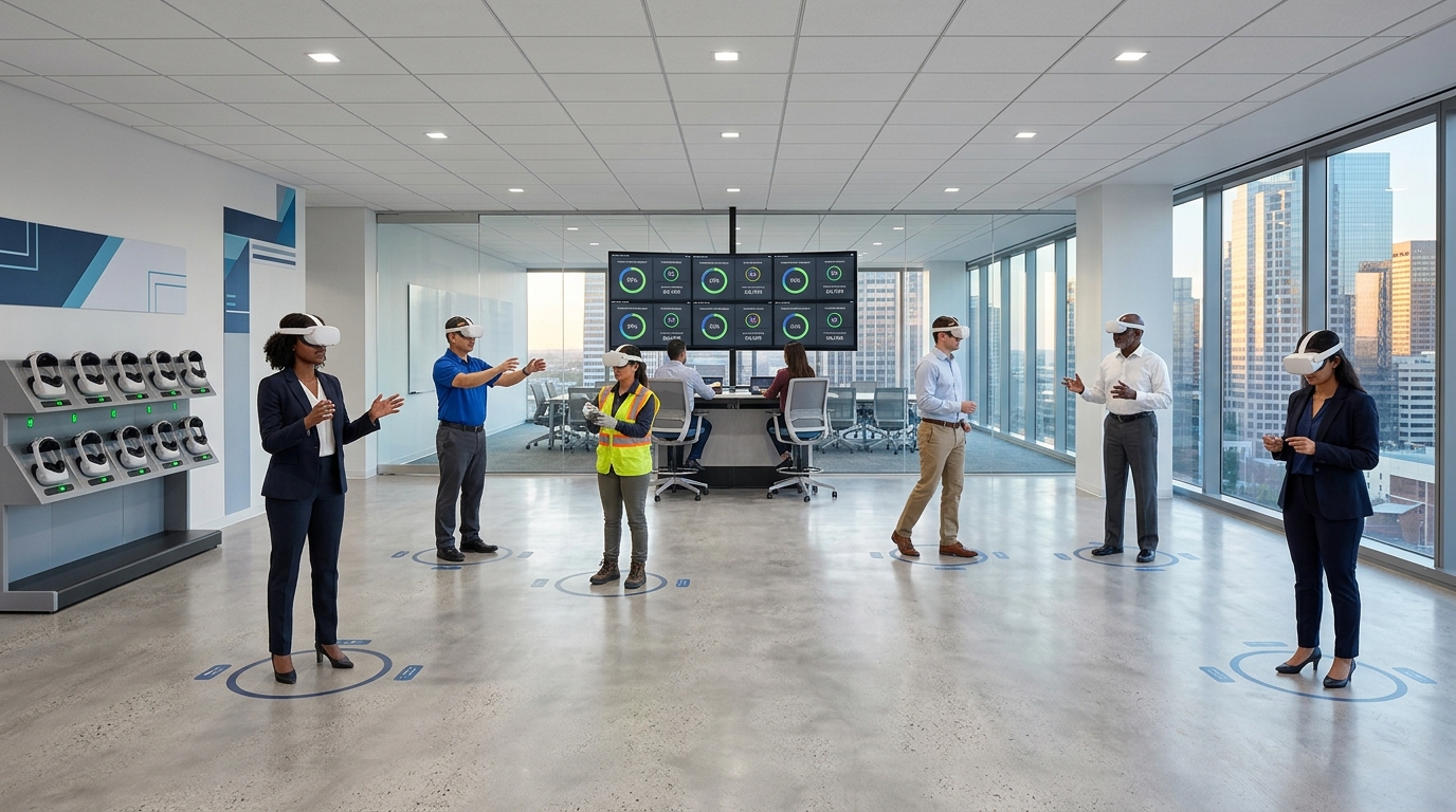 Corporate training center with multiple VR training stations and administrators monitoring performance dashboards