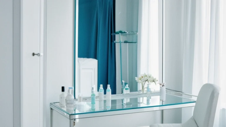 A clean esthetics treatment room with a facial bed, skincare products and equipment on a cart, shown without people, for The Prime VR immersive training.