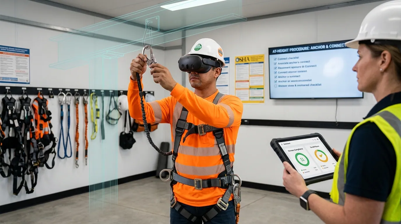 Construction worker wearing a Meta Quest VR headset and a real safety harness practices anchor point selection and tie-off on a simulated elevated steel structure, while a site safety officer reviews harness and tie-off compliance scores on a wall monitor in a training trailer, illustrating fall protection VR training before the jobsite