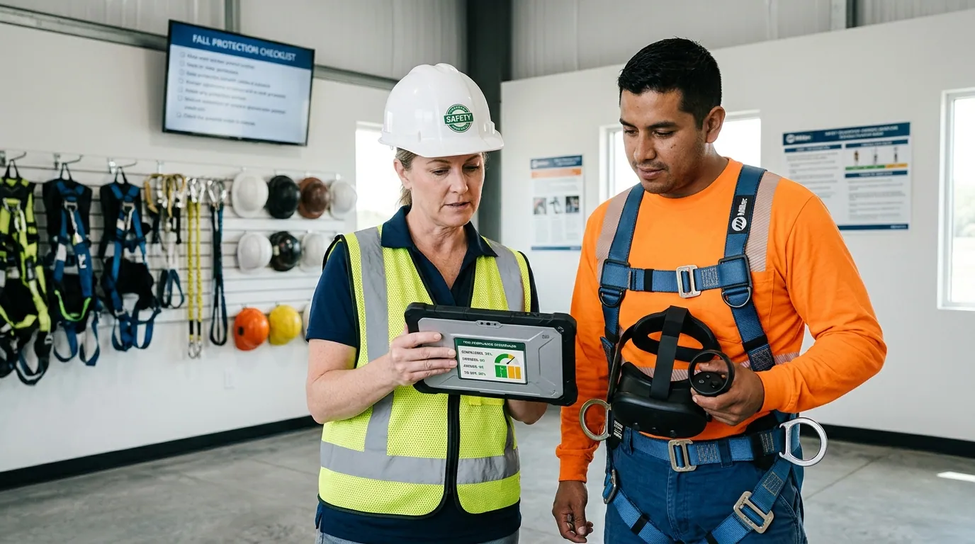 Site safety officer reviews a tablet showing per-worker harness, anchor, and tie-off competency scores beside a construction worker removing a Meta Quest headset after a simulated at-height fall protection scenario, with fall protection equipment and OSHA standard references on the wall, demonstrating documented fall protection competence from VR training