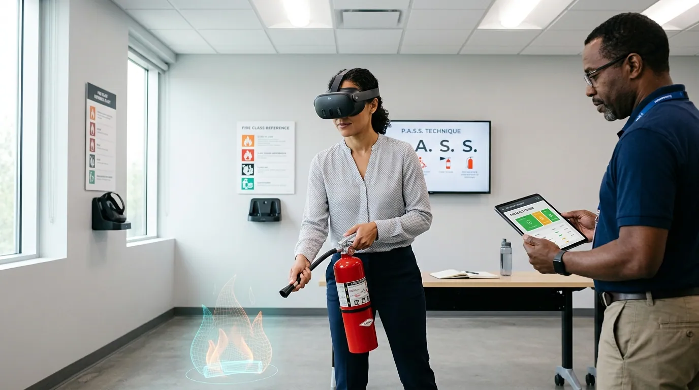 Office employee wearing a Meta Quest VR headset practices the PASS fire extinguisher technique on a simulated Class B fire in a virtual workplace, while a safety coordinator reviews extinguisher selection and technique scores on a wall monitor in an indoor training room, illustrating fire extinguisher VR simulation compared to outdoor live burn training