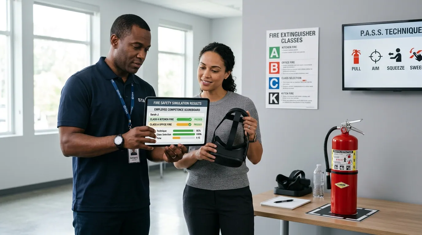 Safety coordinator reviews a tablet showing per-employee fire extinguisher technique and class-selection scores beside a worker removing a Meta Quest headset after a simulated kitchen Class K fire scenario, with extinguisher class reference posters on the wall, demonstrating documented competence from fire extinguisher VR simulation