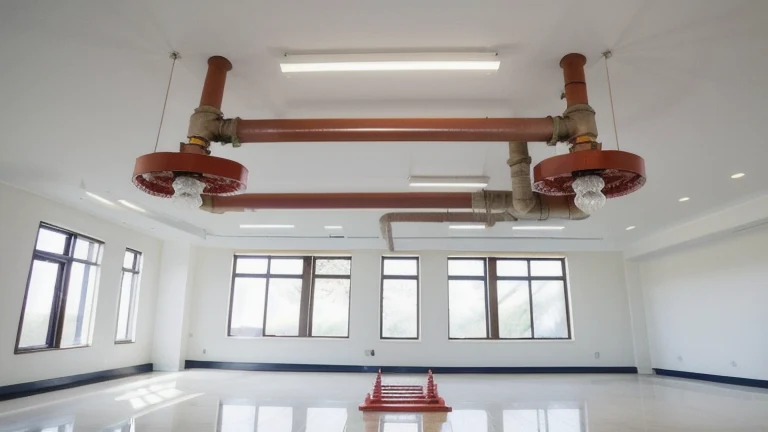 A clean training bay with fire sprinkler pipe, sprinkler heads and a riser assembly, shown without people, for The Prime VR immersive training.