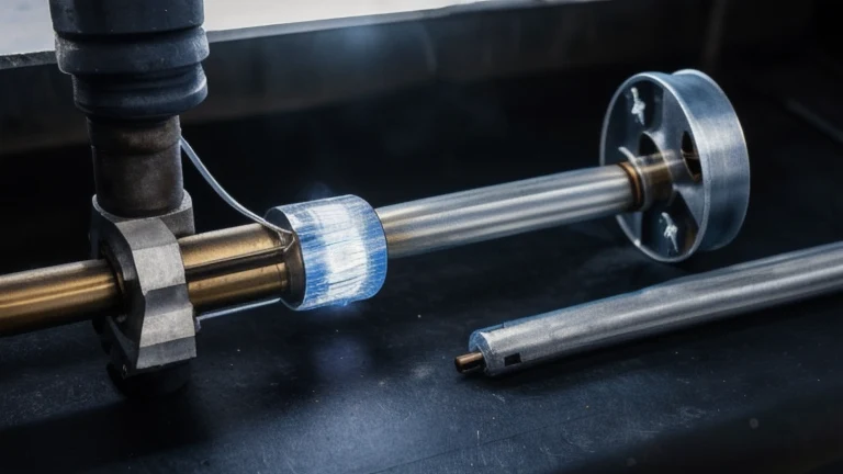 A clean welding bench with a flux-cored wire feeder, a welding gun and thick steel plate, shown without people, for The Prime VR immersive training.