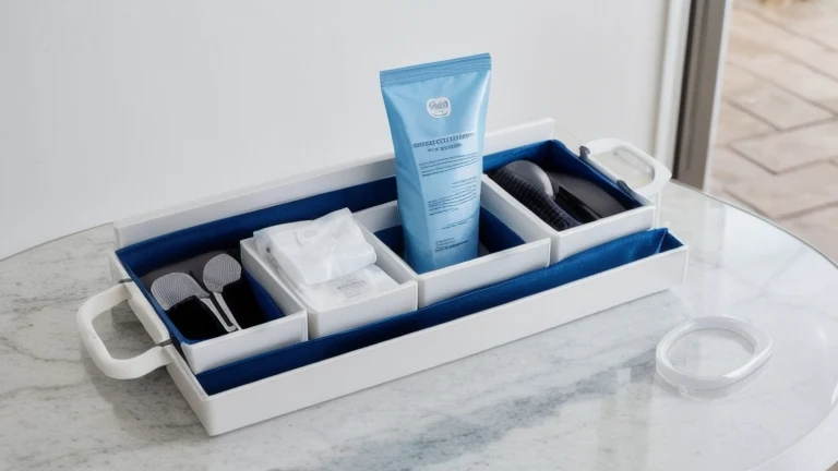 A sterile catheter insertion tray with an indwelling catheter, drape, lubricant and syringe on a clean surface, shown without people, for The Prime VR immersive training.