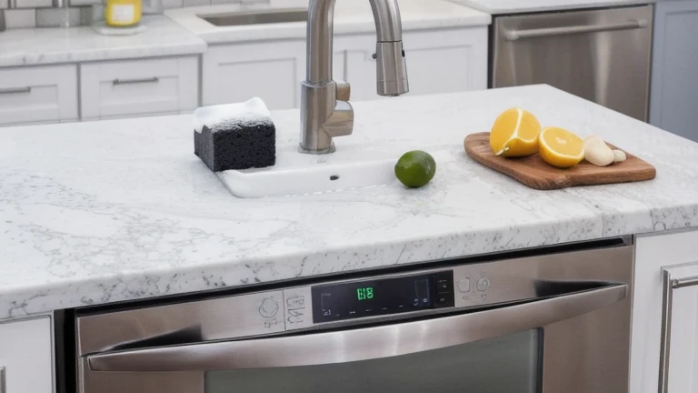 A clean food prep station with a cutting board, food thermometer and handwashing sink, shown without people, for The Prime VR immersive training.