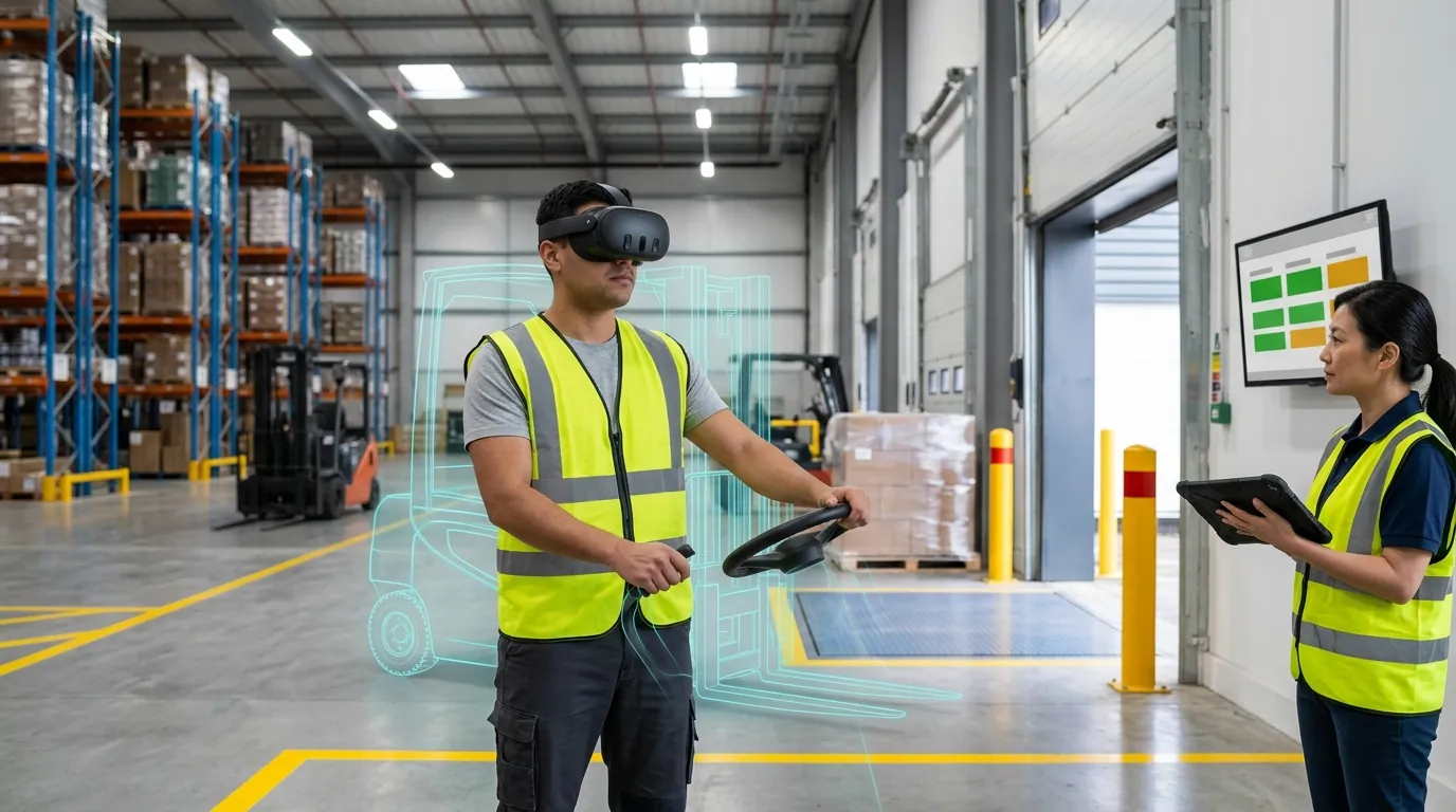 Warehouse operator wearing a black Meta Quest VR headset grips an invisible forklift steering wheel while practicing maneuvering and load handling in a simulated distribution center aisle with tall racking and a loading dock, as a logistics safety supervisor reviews near-miss and load-center scores on a wall monitor, illustrating a VR forklift training simulator