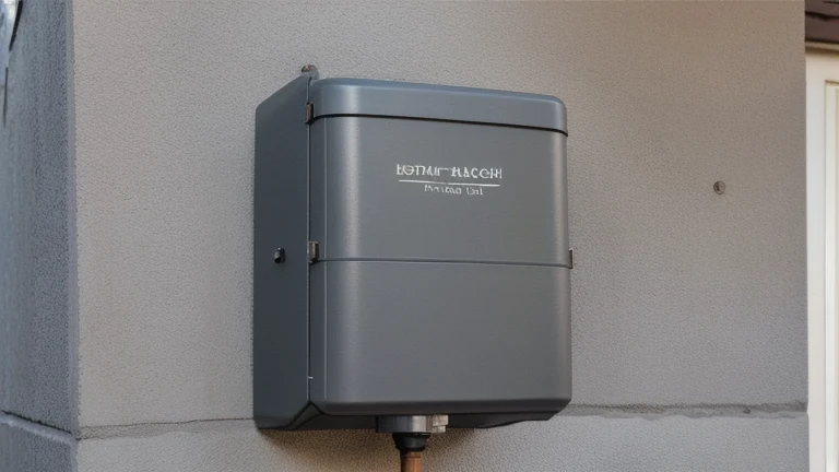 A standby generator and an automatic transfer switch mounted on an exterior wall with conduit between them, shown without people, for The Prime VR immersive training.