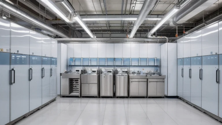 A clean regulated production area with stainless steel equipment and organized labeled containers, shown without people, for The Prime VR immersive training.