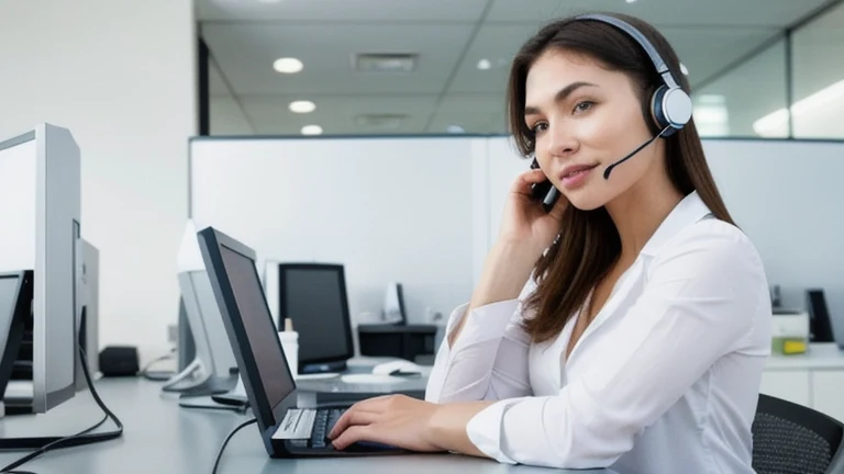 A clean, professional customer service workstation representing Handling Difficult Customers, shown without people, for The Prime VR immersive training.