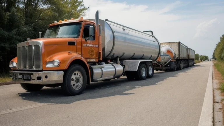 A clean logistics yard with a tanker trailer and hazardous material placard frames on a rack, shown without people, for The Prime VR immersive training.