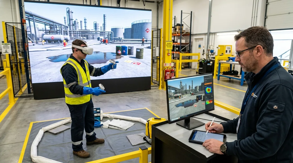 A worker wearing a VR headset practices hazardous materials identification and spill response while donning simulated chemical PPE in a realistic virtual industrial spill scenario, with a safety trainer reviewing response accuracy on a monitor in a modern training facility, professional photography.