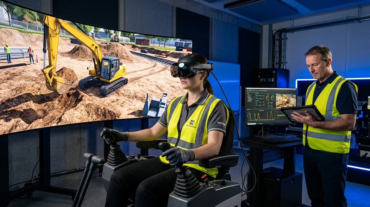A heavy equipment operator wearing a VR headset practices excavator controls and load handling inside a realistic virtual construction site simulation, while a training supervisor reviews control precision and safety scores on a monitor in a modern equipment training facility, professional photography.
