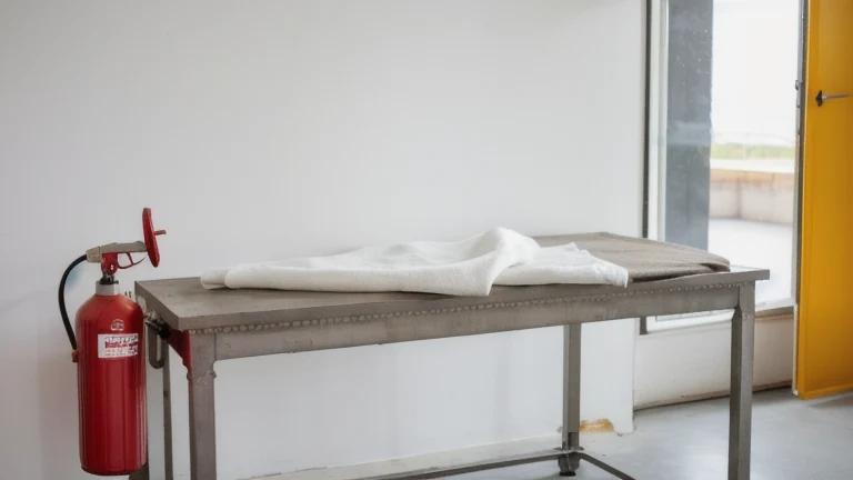 A clean industrial area prepared for hot work with a fire extinguisher, welding screen and fire blanket staged, shown without people, for The Prime VR immersive training.