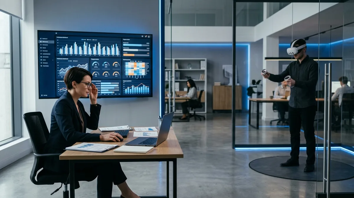 A learning and development leader reviews a multi-level VR training effectiveness dashboard on a large monitor showing per-step performance scores, confidence change, and on-the-job impact metrics, while a worker completes a simulation in a VR headset nearby, modern corporate analytics environment, professional photography.