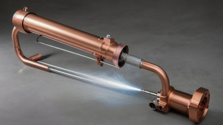 A brazing torch, silver alloy rod, a micron gauge and a vacuum pump connected to copper refrigerant lines, shown without people, for The Prime VR immersive training.