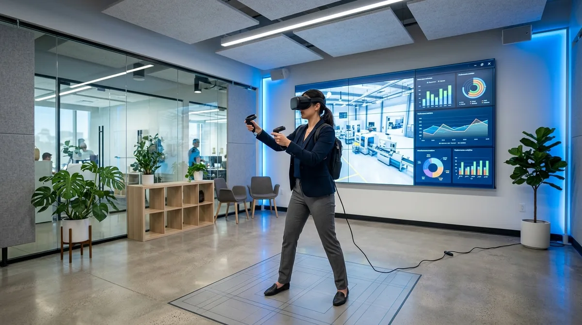 An HR and people-operations leader compares employee onboarding platforms while a new hire in a VR headset practices a hands-on role task in a simulated workplace.