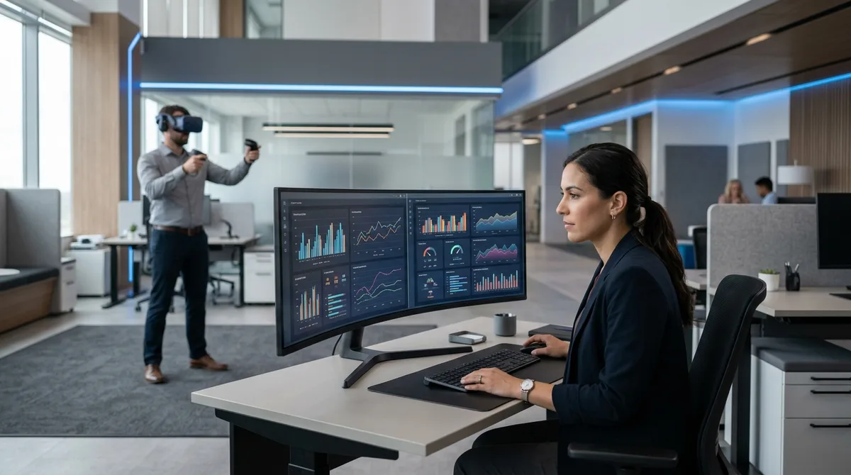 A learning and development analyst compares VR training outcome data against traditional training results on a large monitor showing confidence, speed, and retention metrics, while a worker practices a procedure in a VR headset in a modern corporate research and training facility, clean professional photography.
