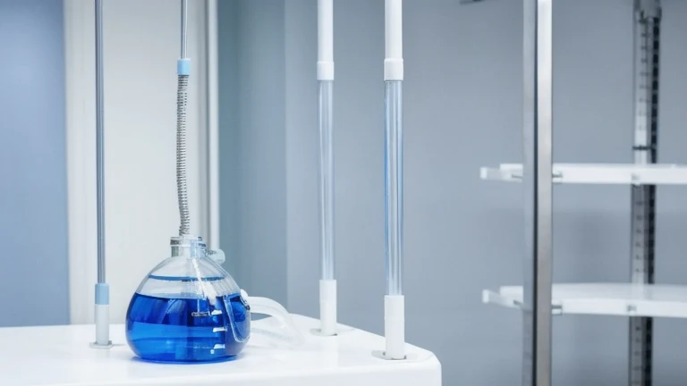 A clean IV therapy station with an infusion pump, IV bags on a pole and tubing sets, shown without people, for The Prime VR immersive training.