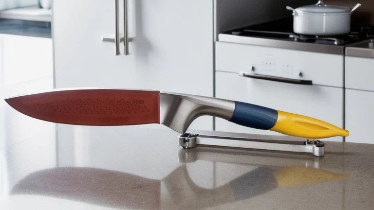 A clean professional commercial kitchen line with a chef knife on a cutting board, a fire extinguisher mounted on the wall, a wet floor cone, and oven mitts by a range, shown without people, for The Prime VR immersive training.