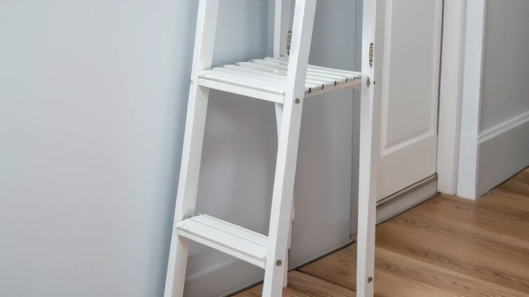 A clean work area with an extension ladder properly set against a wall at the correct angle, shown without people, for The Prime VR immersive training.