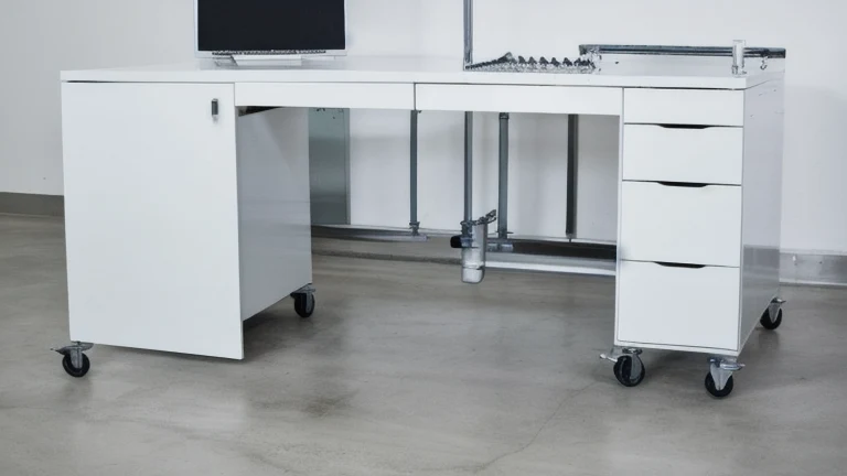 A clean manufacturing floor with an organized workstation and process-improvement tools, shown without people, for The Prime VR immersive training.