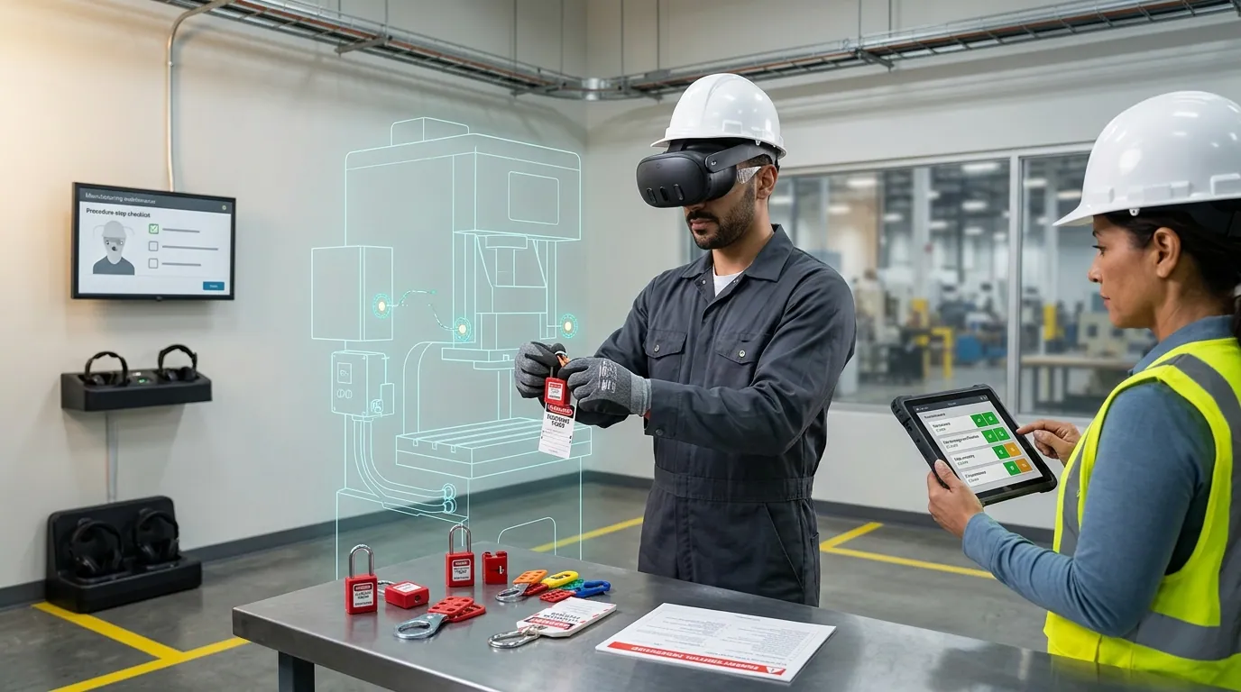Manufacturing employee wearing a Meta Quest VR headset practices a lockout tagout energy isolation sequence on a virtual replica of an industrial press, applying locks and tags to electrical and hydraulic isolation points, while a safety trainer reviews step accuracy and zero-energy verification scores on a wall monitor, illustrating machine-specific lockout tagout VR training