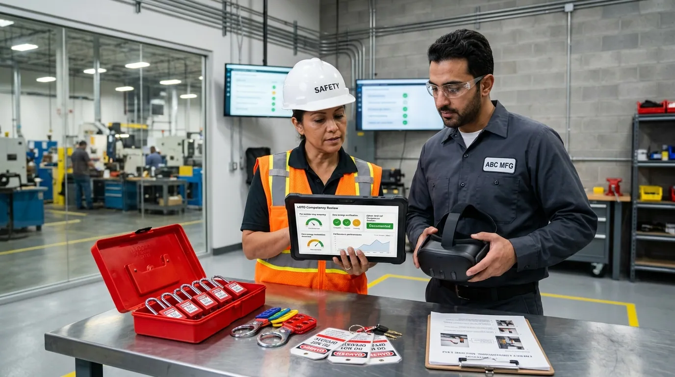 Manufacturing safety trainer and a maintenance technician review a tablet showing per-worker lockout tagout step accuracy and zero-energy verification scores after the technician removes a Meta Quest headset, with lockout locks, tags, and an energy control procedure document on the workbench, demonstrating OSHA 1910.147 competency documentation from VR LOTO training