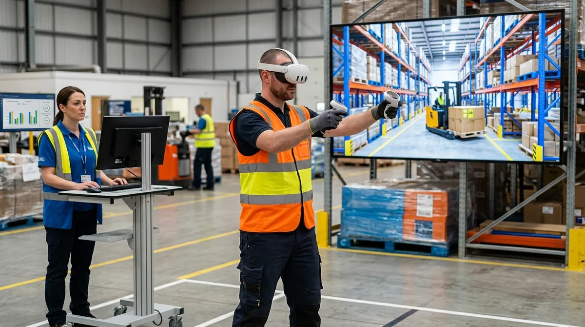A warehouse worker wearing a VR headset practices order picking and pedestrian-forklift safety awareness in a realistic virtual distribution center aisle, while a supervisor reviews accuracy and near-miss scores on a monitor in a modern logistics training area, professional photography.
