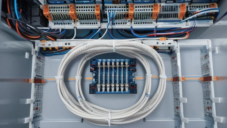 A clean low-voltage wiring station with a structured cabling patch panel, network cables and connectors, shown without people, for The Prime VR immersive training.