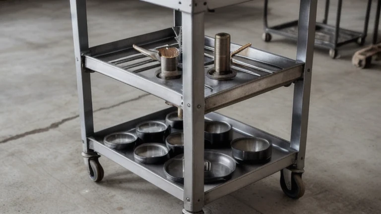 A machine changeover cart with tooling, dies and setup fixtures organized beside an idle production machine, shown without people, for The Prime VR immersive training.