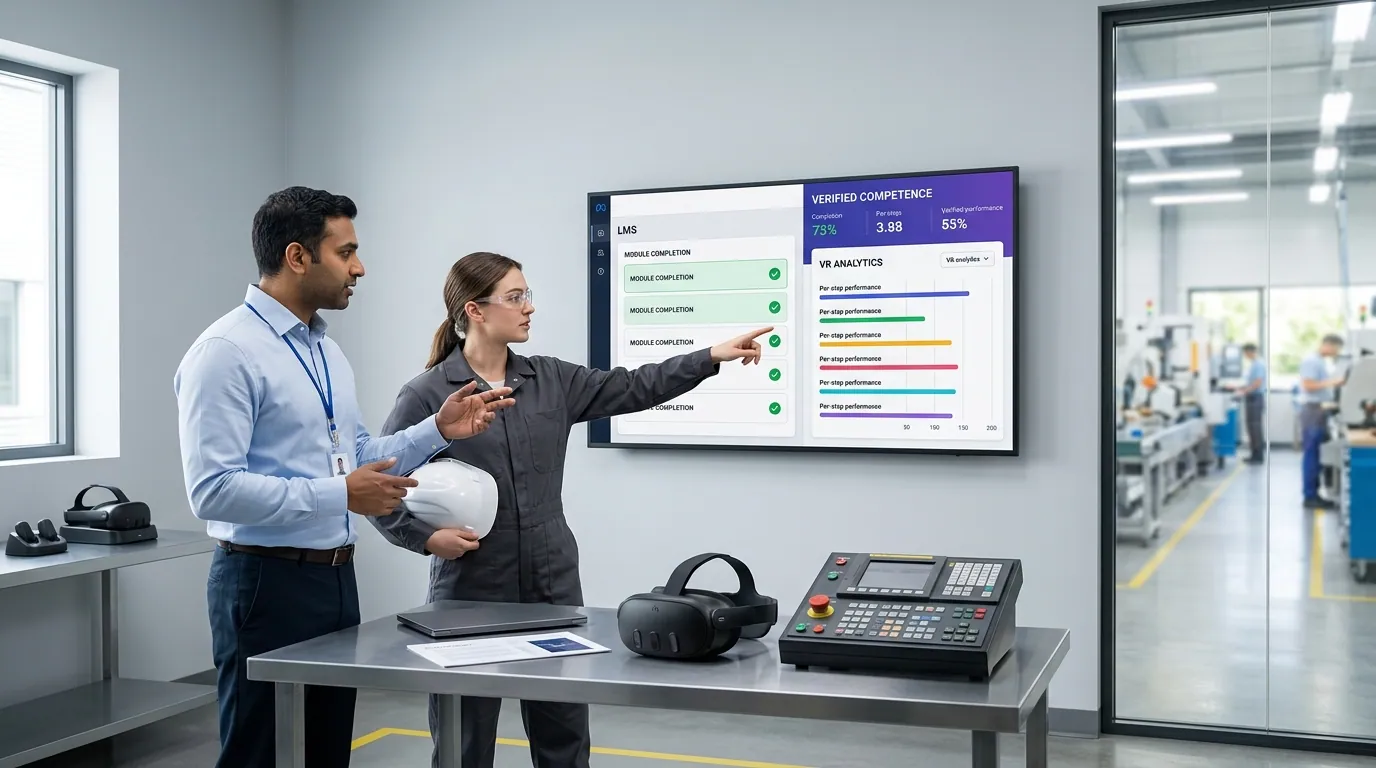 Manufacturing training manager and operator review an LMS completion dashboard beside a VR competency analytics panel with a Meta Quest headset and CNC control module on a table in a plant training room