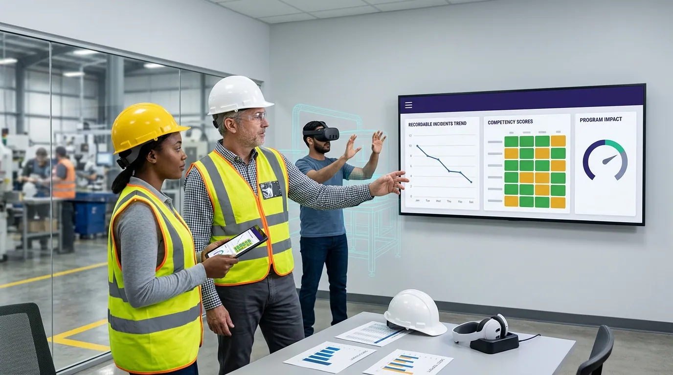 Manufacturing plant safety director reviews a wall dashboard comparing training completion records against per-worker competency scores and recordable incident trends, while a production worker practices a procedure in a Meta Quest VR headset nearby, illustrating manufacturing safety programs that reduce incidents by measuring competence not just attendance