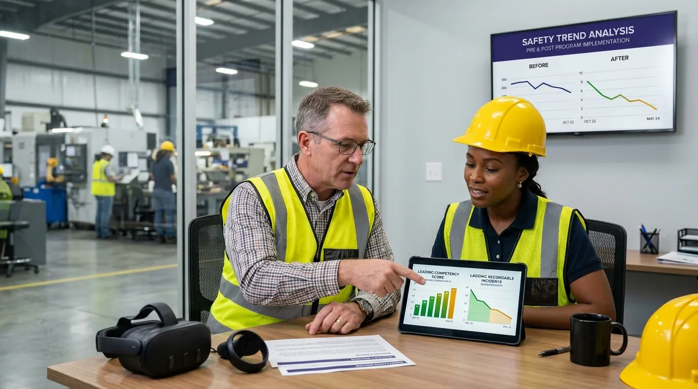 Plant safety director and a line supervisor review a tablet showing leading competency metrics alongside lagging recordable-incident trends after a worker completes a VR procedure simulation with a Meta Quest headset on the table, demonstrating how a manufacturing safety program proves it is reducing incidents