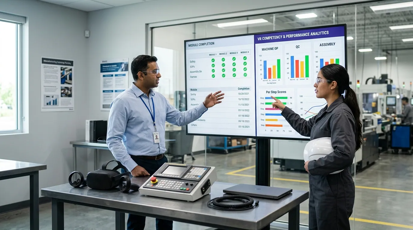 Manufacturing training manager and a production line operator review a large wall dashboard comparing legacy learning management system completion metrics against VR simulation competency scores in a modern plant training room, while a Meta Quest headset rests on the table beside a CNC machine control panel, illustrating how manufacturing training software is shifting from content delivery to performance measurement