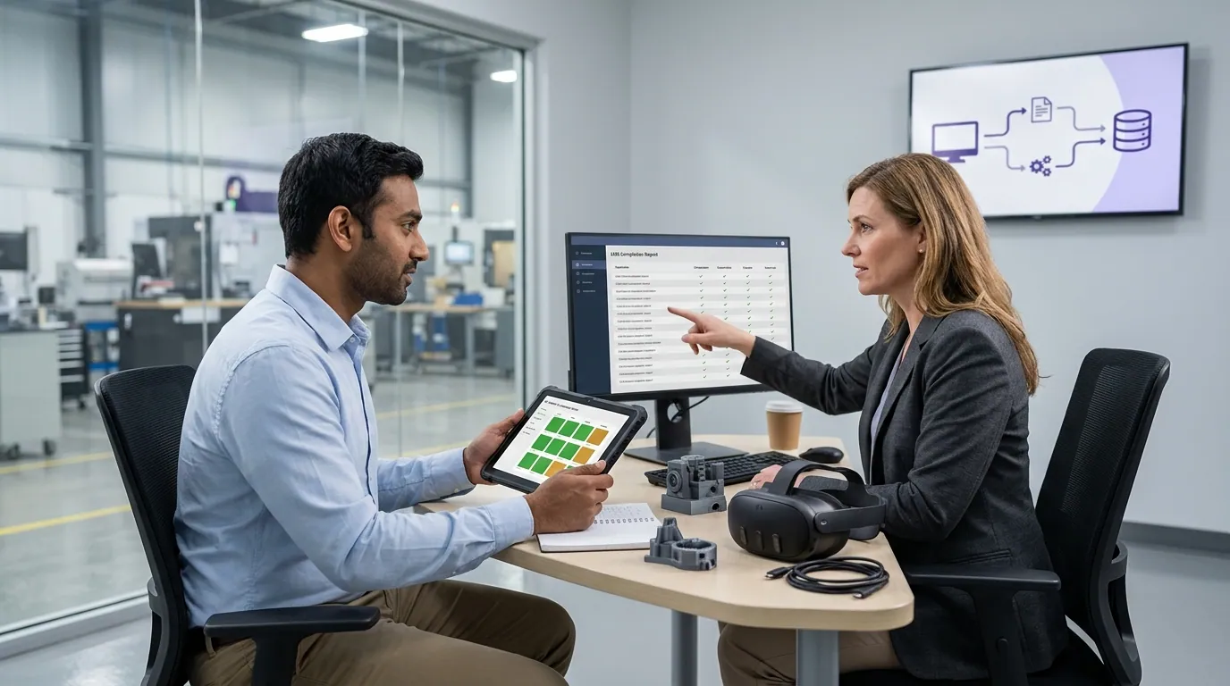 Two manufacturing engineers seated at a workstation compare a tablet showing per-worker VR competency scores against a legacy LMS completion report on a monitor, with a Meta Quest headset and a 3D printed machine part on the desk, demonstrating how custom manufacturing training software integrates VR simulation data into an existing learning management system through xAPI