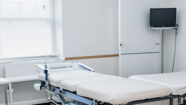A clean, professional clinical training room representing Medical Assistant Training, shown without people, for The Prime VR immersive training.