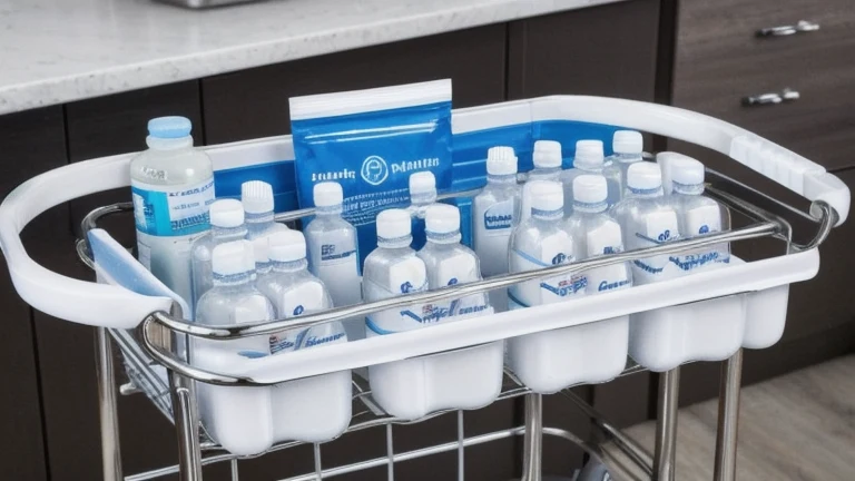 A clean medication cart with organized pill compartments, labeled bottles and a documentation clipboard, shown without people, for The Prime VR immersive training.