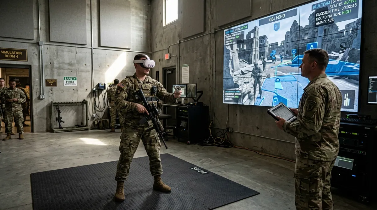 Military squad leader in combat uniform wears a VR headset during a tactical decision training exercise in a simulation facility while a training NCO monitors individual decision timing and team coordination metrics on a large wall-mounted display showing a virtual urban operations environment