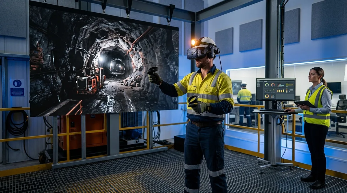 A mining worker in safety gear wearing a VR headset practices hazard recognition and emergency response inside a realistic virtual underground mine simulation, while a safety trainer reviews response scores on a monitor in a modern mine training facility, professional photography.