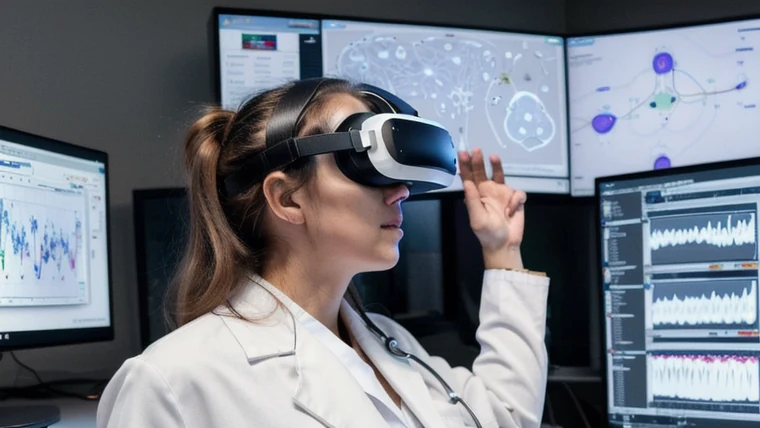 A cognitive science researcher beside a wall diagram of the three stages of motor learning and brain regions that control motor skills, while a worker in a VR headset practices a precise procedural movement