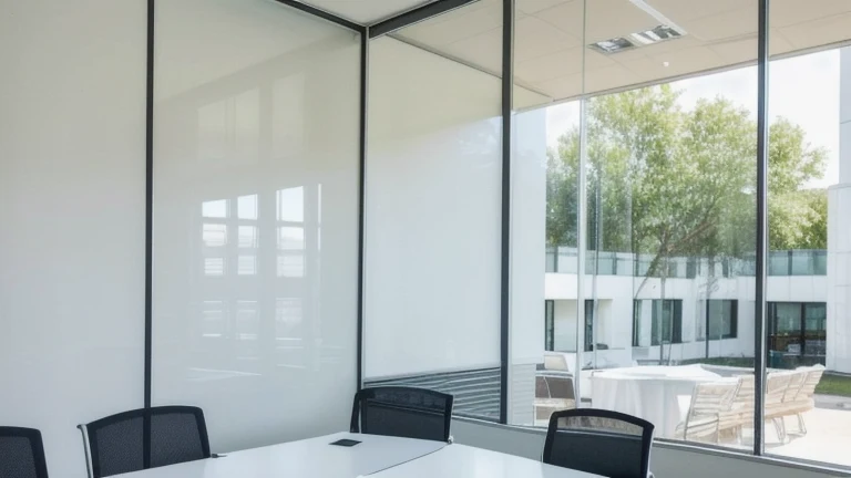 A clean, professional corporate training room representing New-Hire Onboarding, shown without people, for The Prime VR immersive training.