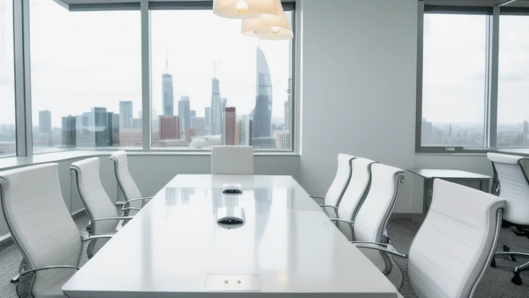 A clean, professional executive boardroom representing New Manager Fundamentals, shown without people, for The Prime VR immersive training.