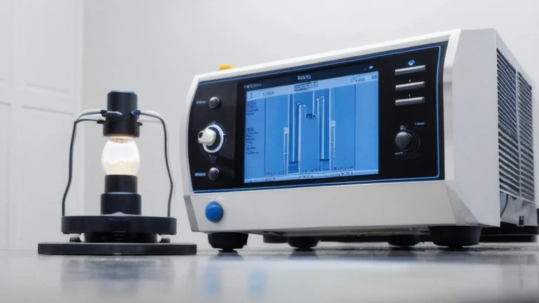 A clean inspection station with ultrasonic testing equipment, probes and a metal weld sample, shown without people, for The Prime VR immersive training.
